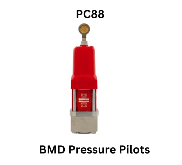 Red pressure gauge labeled 'BMD Pressure Pilots' showcasing the PC88 model for precise pressure measurement